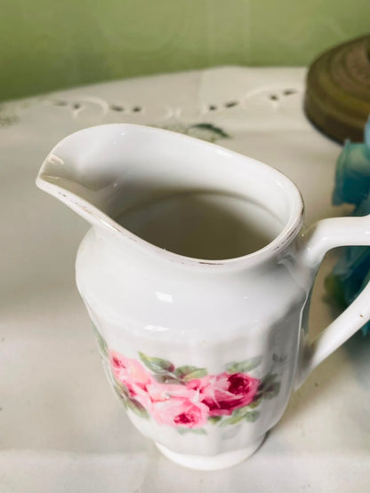Vintage White Ceramic Jug with Pink Rose Motif, 10 cm