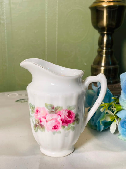 Vintage White Ceramic Jug with Pink Rose Motif, 10 cm