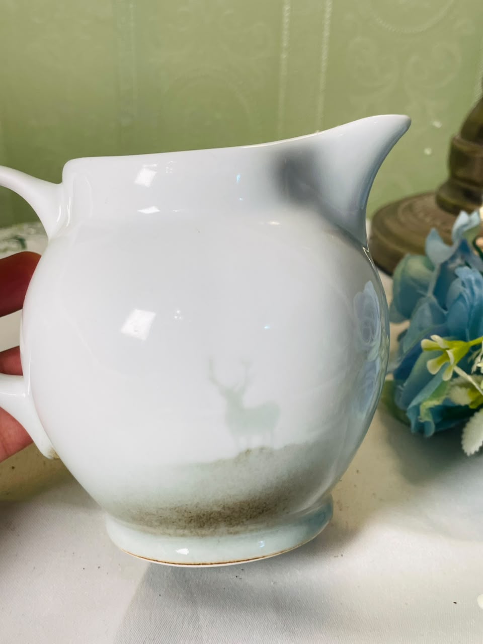 Vintage White & Pale Blue Ceramic Jug, 11 cm