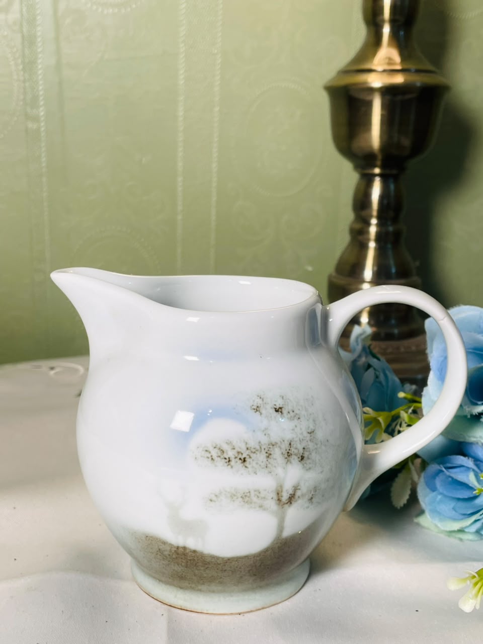 Vintage White & Pale Blue Ceramic Jug, 11 cm