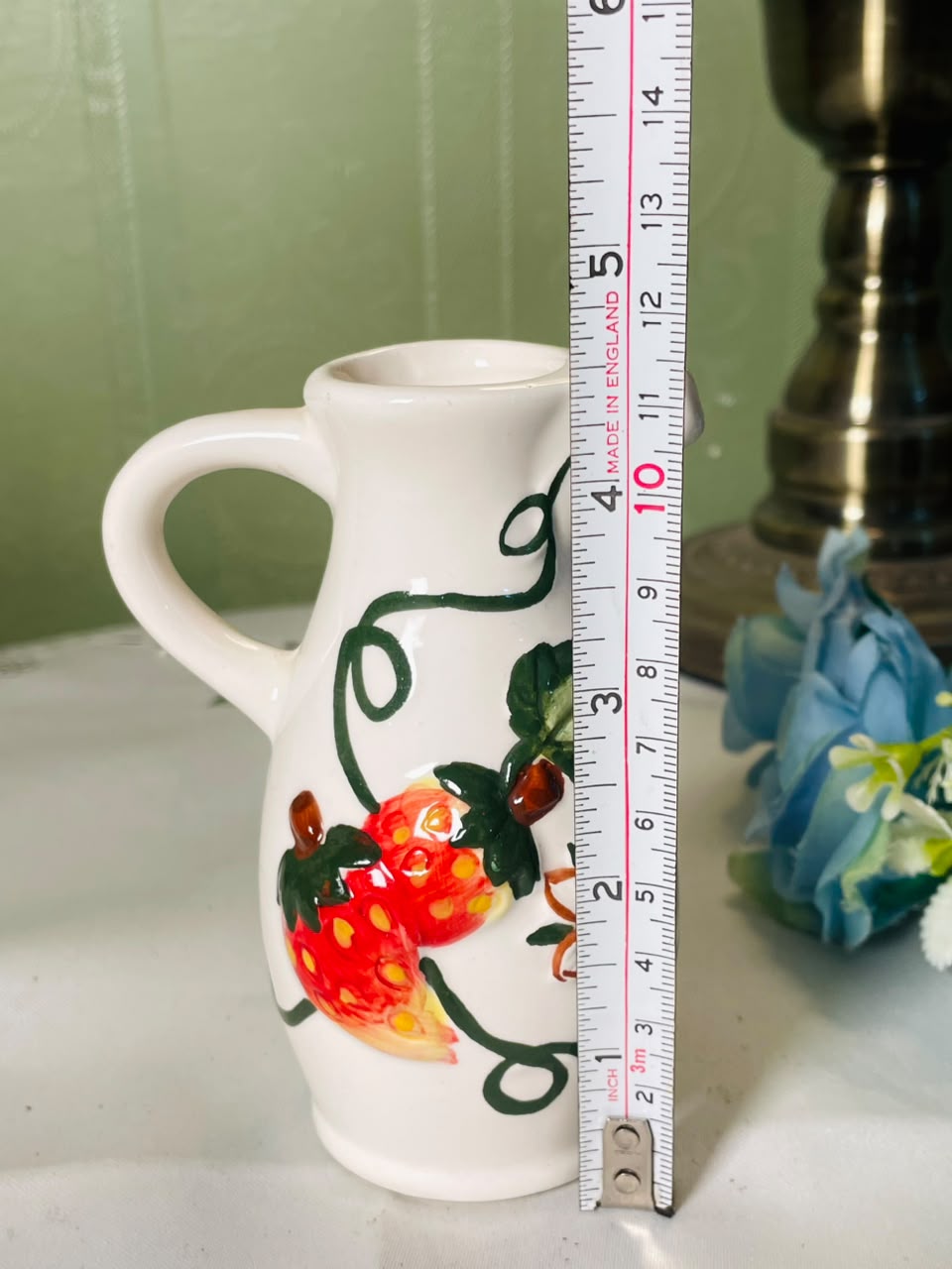 Vintage hand painted White Ceramic Jug with Strawberry Motif, 11 cm