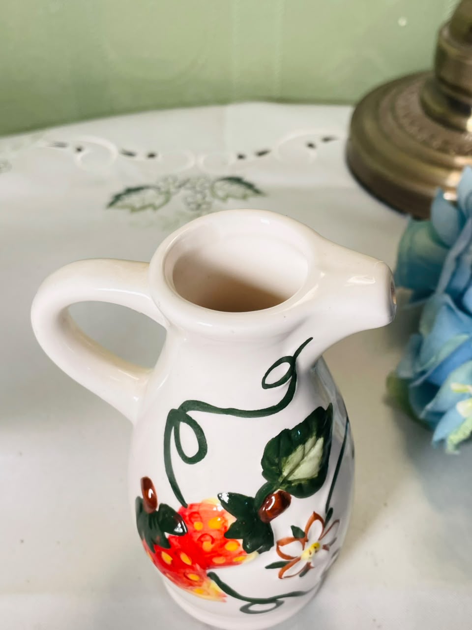 Vintage hand painted White Ceramic Jug with Strawberry Motif, 11 cm