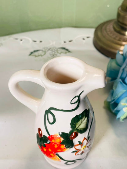 Vintage hand painted White Ceramic Jug with Strawberry Motif, 11 cm