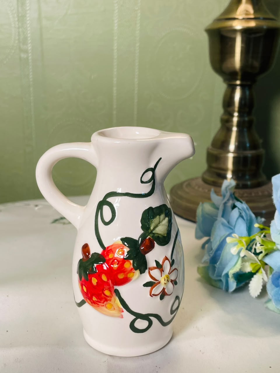 Vintage hand painted White Ceramic Jug with Strawberry Motif, 11 cm