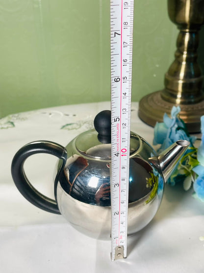 Vintage Polished Metal Teapot with Black Handle, 13 cm