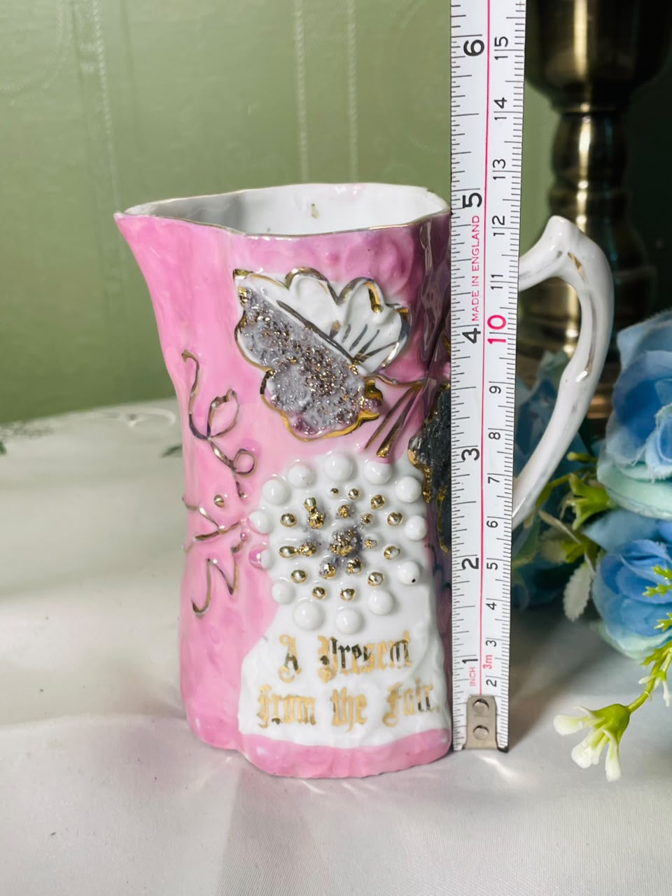 Vintage Pink Floral Ceramic Jug with Gold Detailing, 12 cm