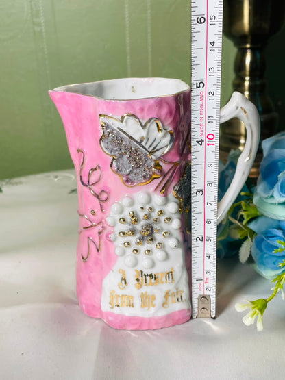Vintage Pink Floral Ceramic Jug with Gold Detailing, 12 cm
