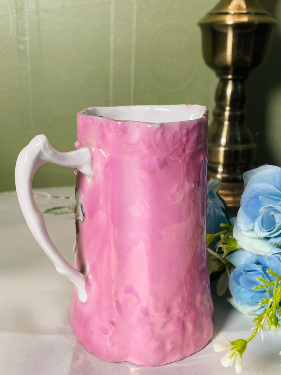 Vintage Pink Floral Ceramic Jug with Gold Detailing, 12 cm