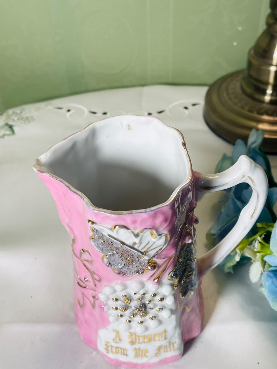 Vintage Pink Floral Ceramic Jug with Gold Detailing, 12 cm