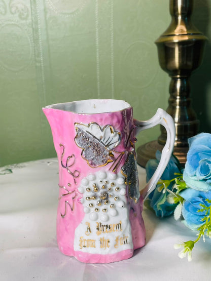 Vintage Pink Floral Ceramic Jug with Gold Detailing, 12 cm