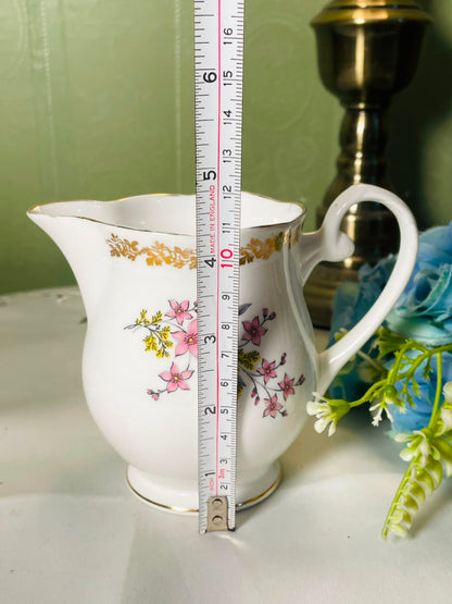 Vintage White Ceramic Jug with Pink Florals & Gold Trim, 12 cm