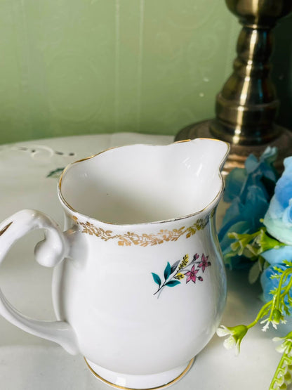 Vintage White Ceramic Jug with Pink Florals & Gold Trim, 12 cm