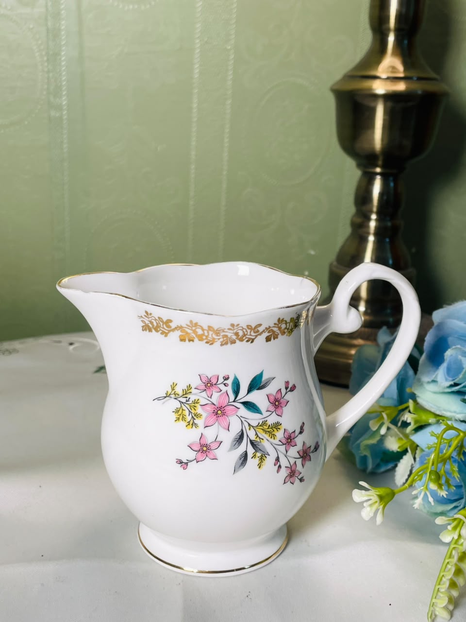 Vintage White Ceramic Jug with Pink Florals & Gold Trim, 12 cm