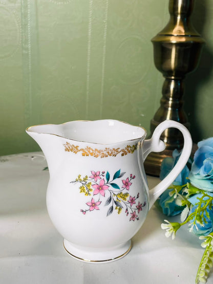 Vintage White Ceramic Jug with Pink Florals & Gold Trim, 12 cm