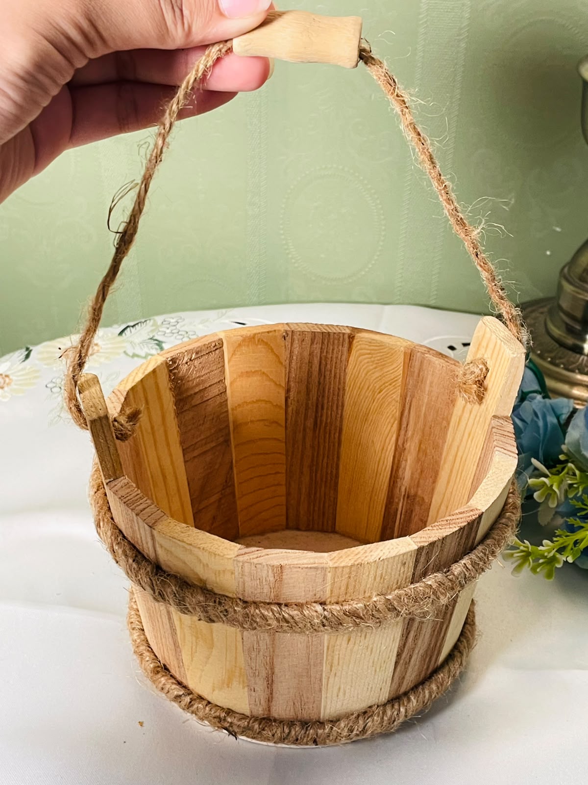 Vintage Wooden Rope Basket Rustic Brown 6 Inch 1 Piece