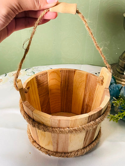 Vintage Wooden Rope Basket Rustic Brown 6 Inch 1 Piece