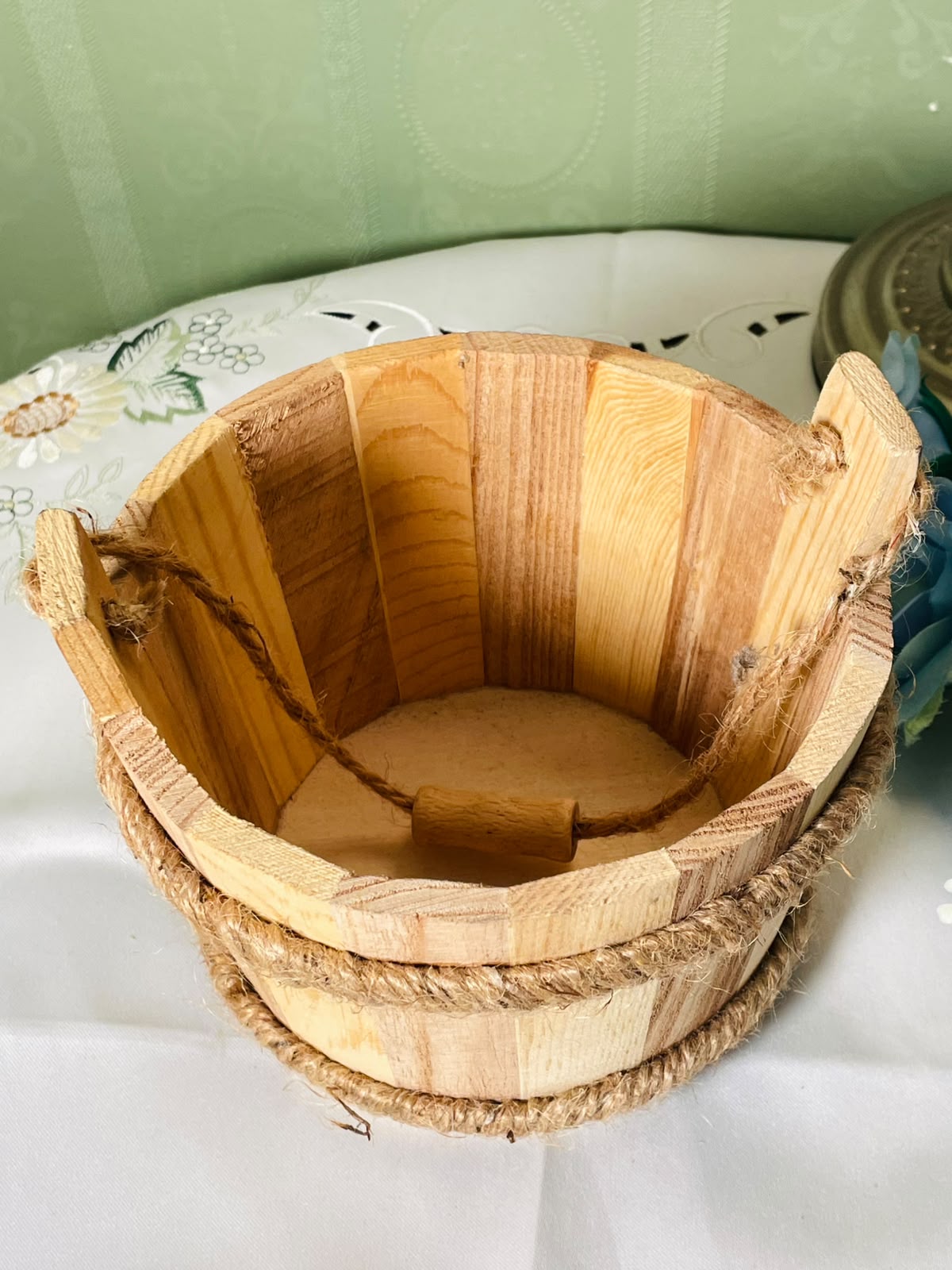 Vintage Wooden Rope Basket Rustic Brown 6 Inch 1 Piece