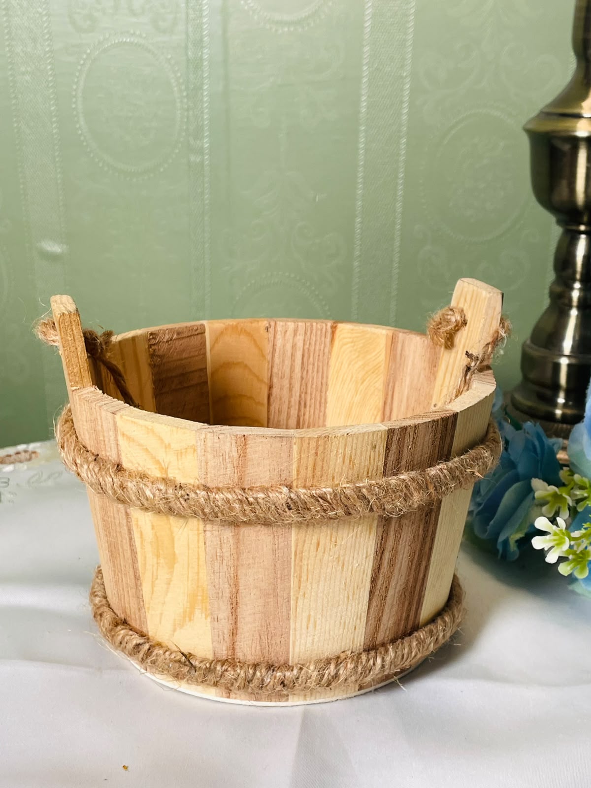 Vintage Wooden Rope Basket Rustic Brown 6 Inch 1 Piece