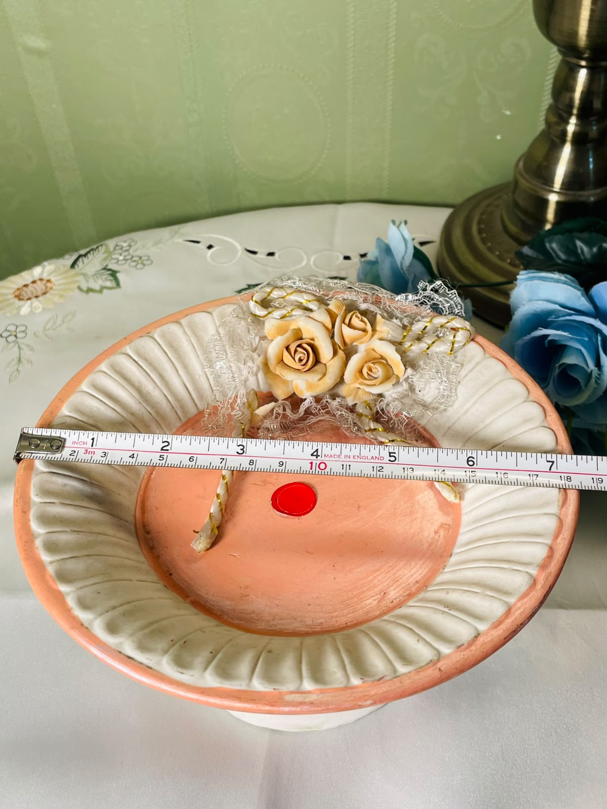Vintage Peach Cream Floral Pedestal Cake Stand  5 Inch 1 Piece