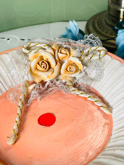 Vintage Peach Cream Floral Pedestal Cake Stand  5 Inch 1 Piece