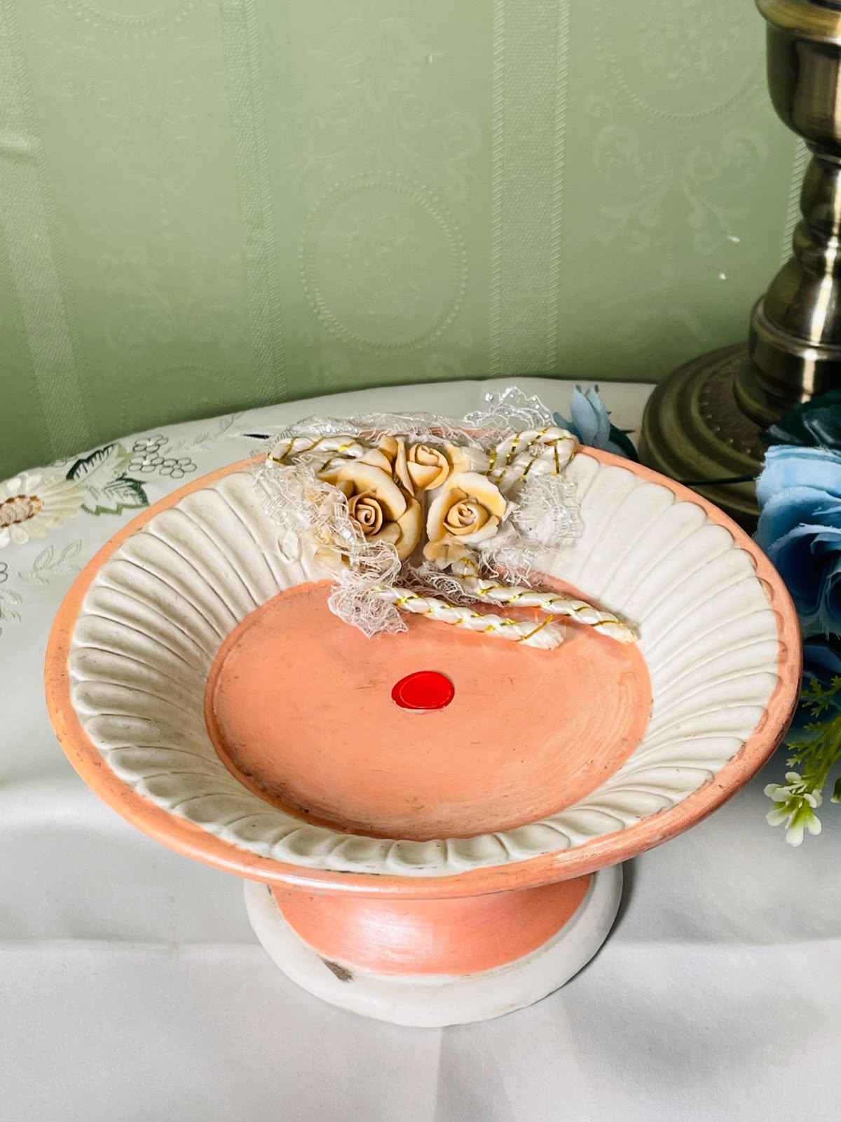 Vintage Peach Cream Floral Pedestal Cake Stand  5 Inch 1 Piece