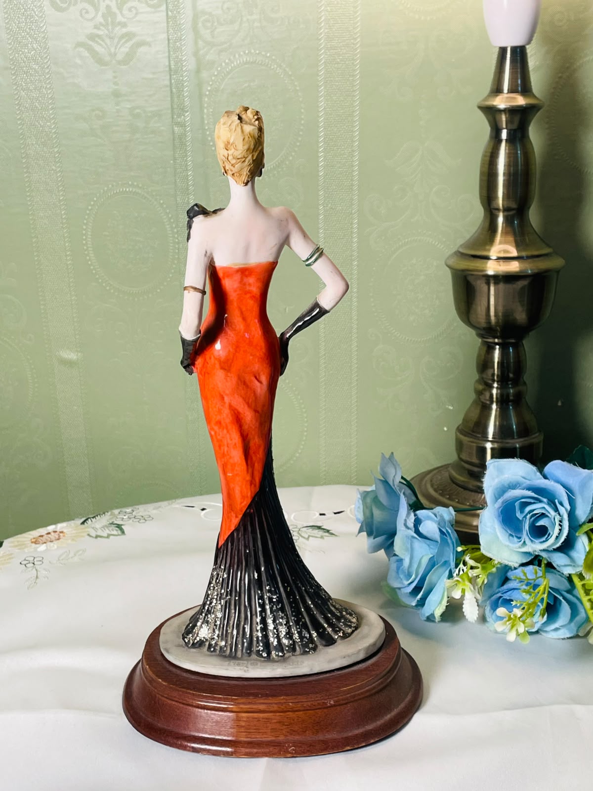 Vintage Lady Figurine Red Black Dress 11 Inch 1 Piece