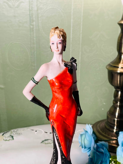 Vintage Lady Figurine Red Black Dress 11 Inch 1 Piece