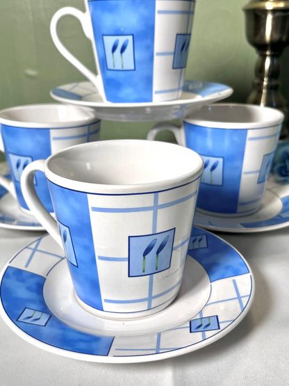 Vintage Blue & White 8-Piece Cup & Saucer Tea Set