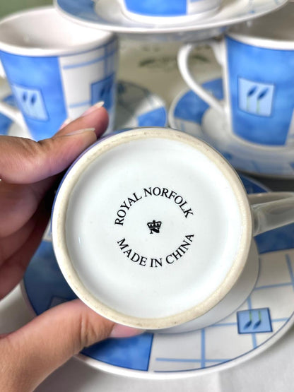 Vintage Blue & White 8-Piece Cup & Saucer Tea Set