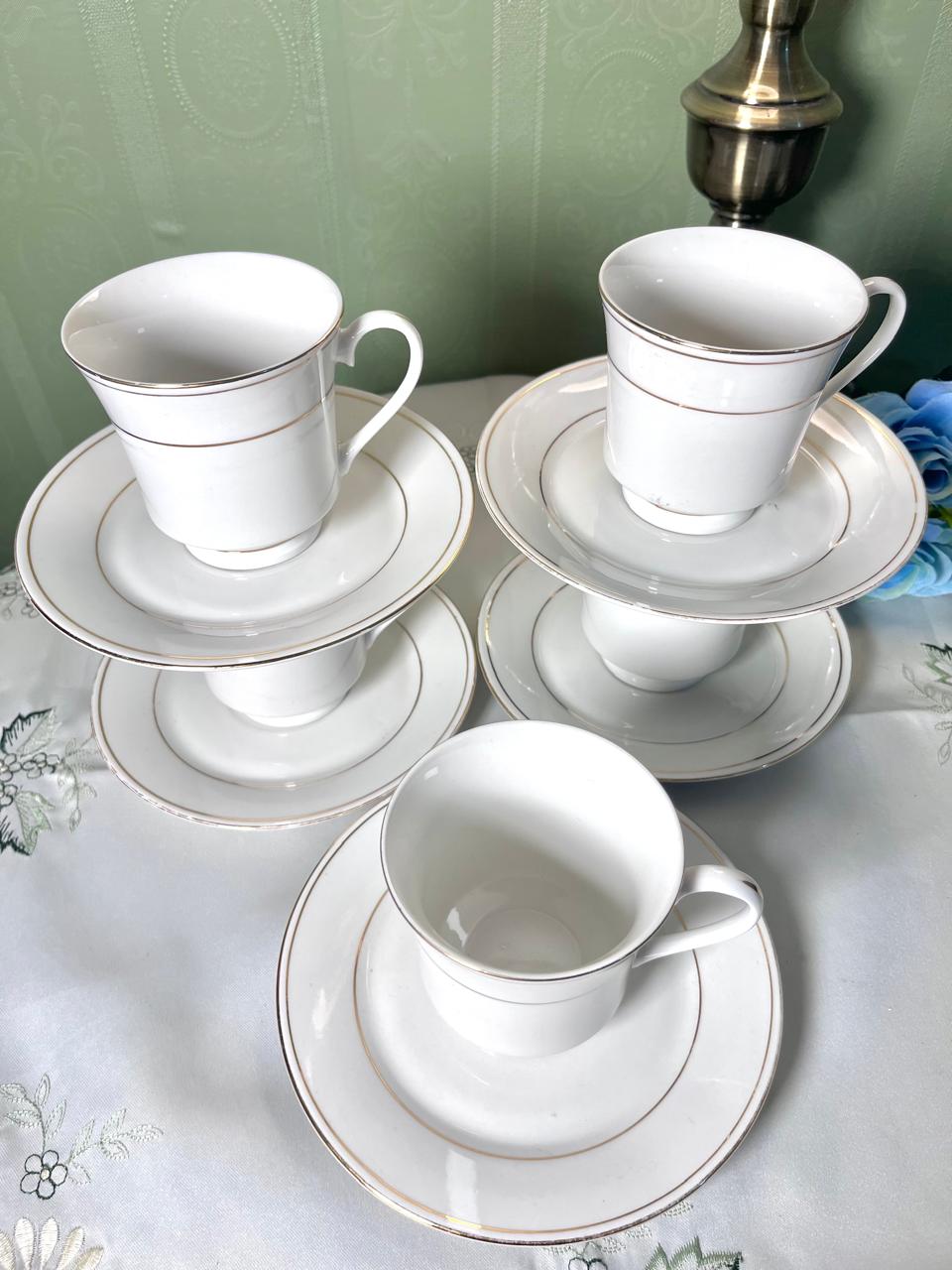 Vintage White & Gold 10-Piece Cup & Saucer Tea Set