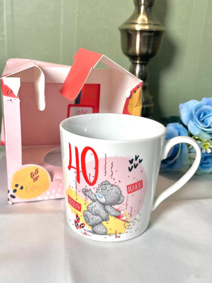 White Celebration Bear Mug with Red Pink & Yellow Design