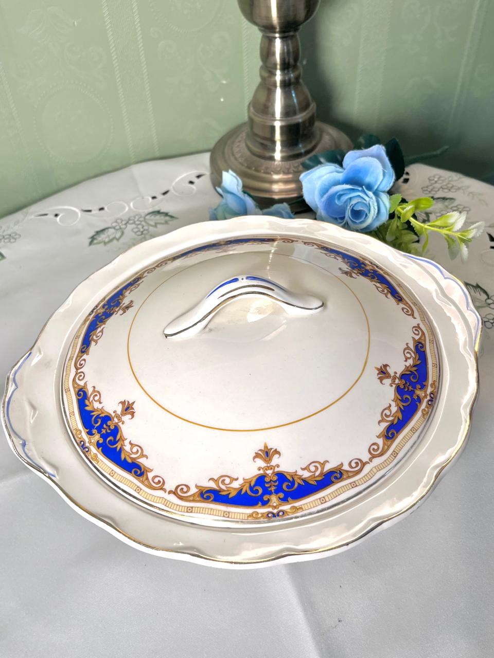 Vintage W.H. Grindley "Cream Petal" Blue & Gold Ceramic Serving Bowl 25 cm