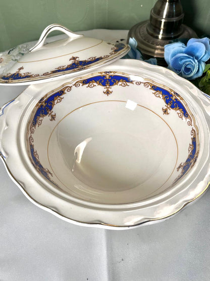 Vintage W.H. Grindley "Cream Petal" Blue & Gold Ceramic Serving Bowl 25 cm