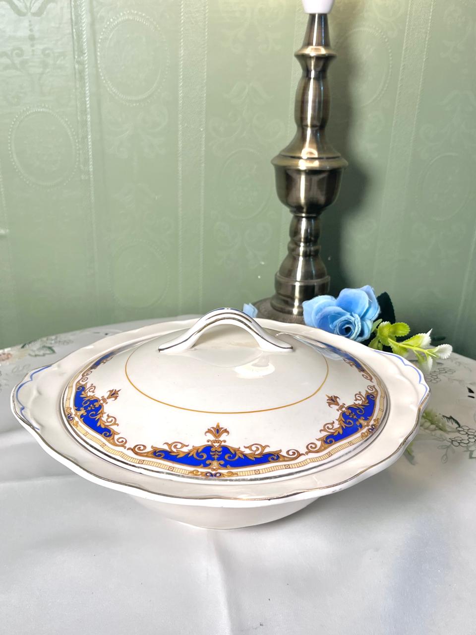 Vintage W.H. Grindley "Cream Petal" Blue & Gold Ceramic Serving Bowl 25 cm