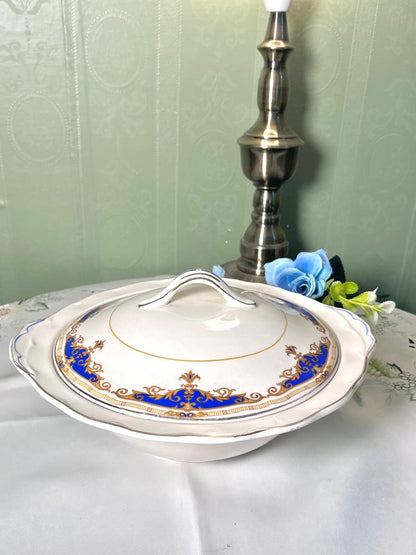Vintage W.H. Grindley "Cream Petal" Blue & Gold Ceramic Serving Bowl 25 cm