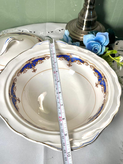 Vintage W.H. Grindley "Cream Petal" Blue & Gold Ceramic Serving Bowl 25 cm