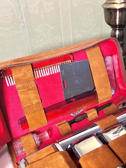Vintage Multi-Piece Grooming Travel Set in Brown Zip Case