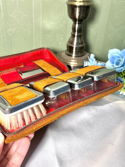 Vintage Multi-Piece Grooming Travel Set in Brown Zip Case