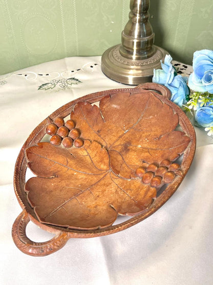 Vintage Carved Wooden Grape & Leaf Serving Tray 30 cm