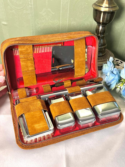Vintage Multi-Piece Grooming Travel Set in Brown Zip Case