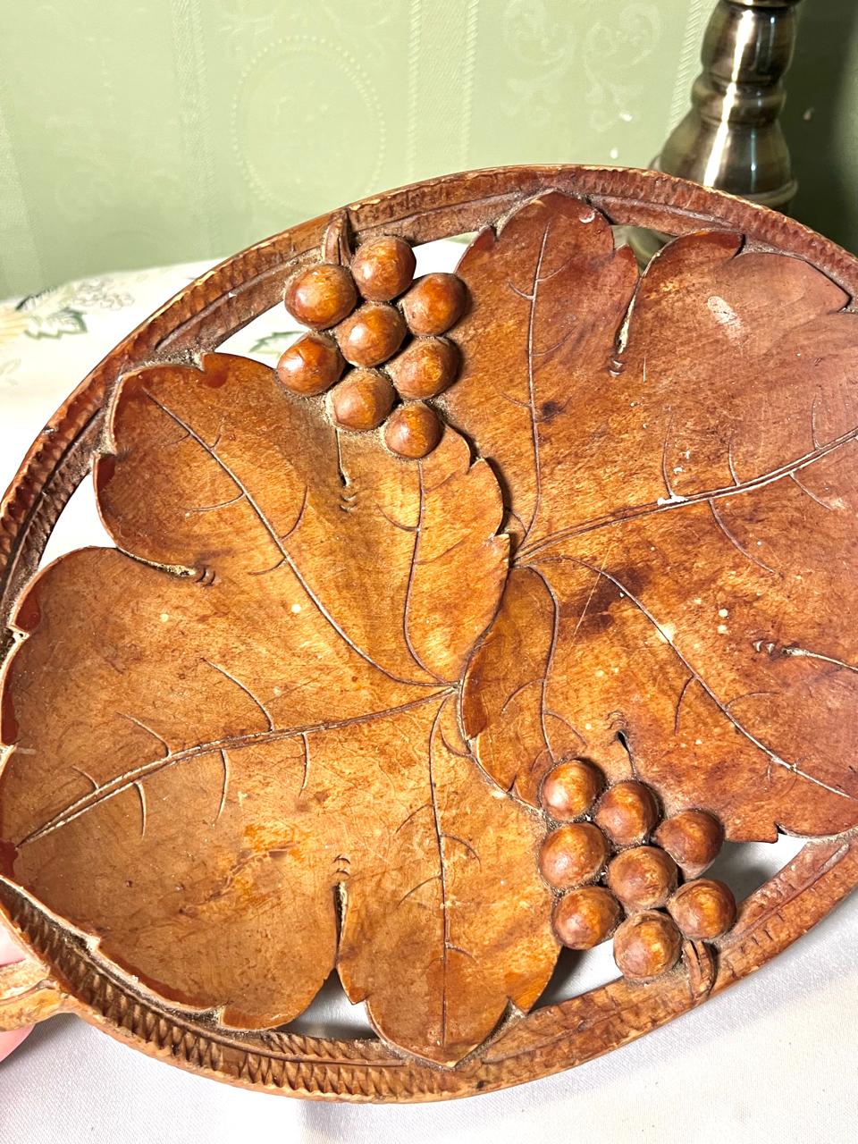 Vintage Carved Wooden Grape & Leaf Serving Tray 30 cm