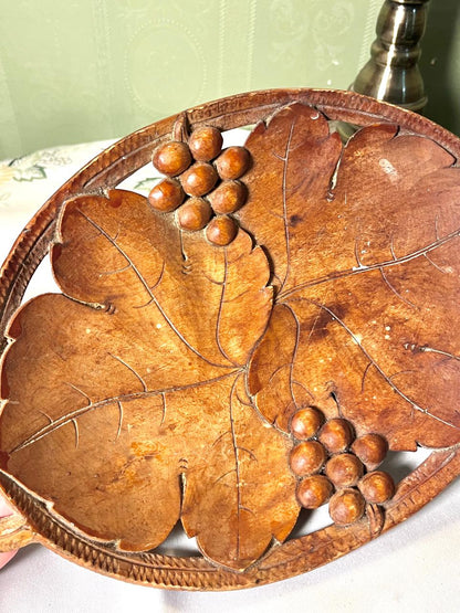 Vintage Carved Wooden Grape & Leaf Serving Tray 30 cm