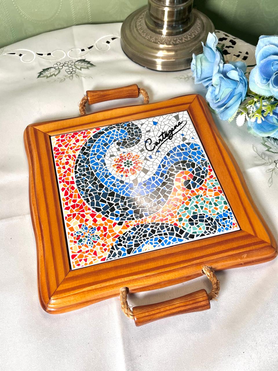 Vintage Barcelona Mosaic Wooden cutting boards Tray 26 cm