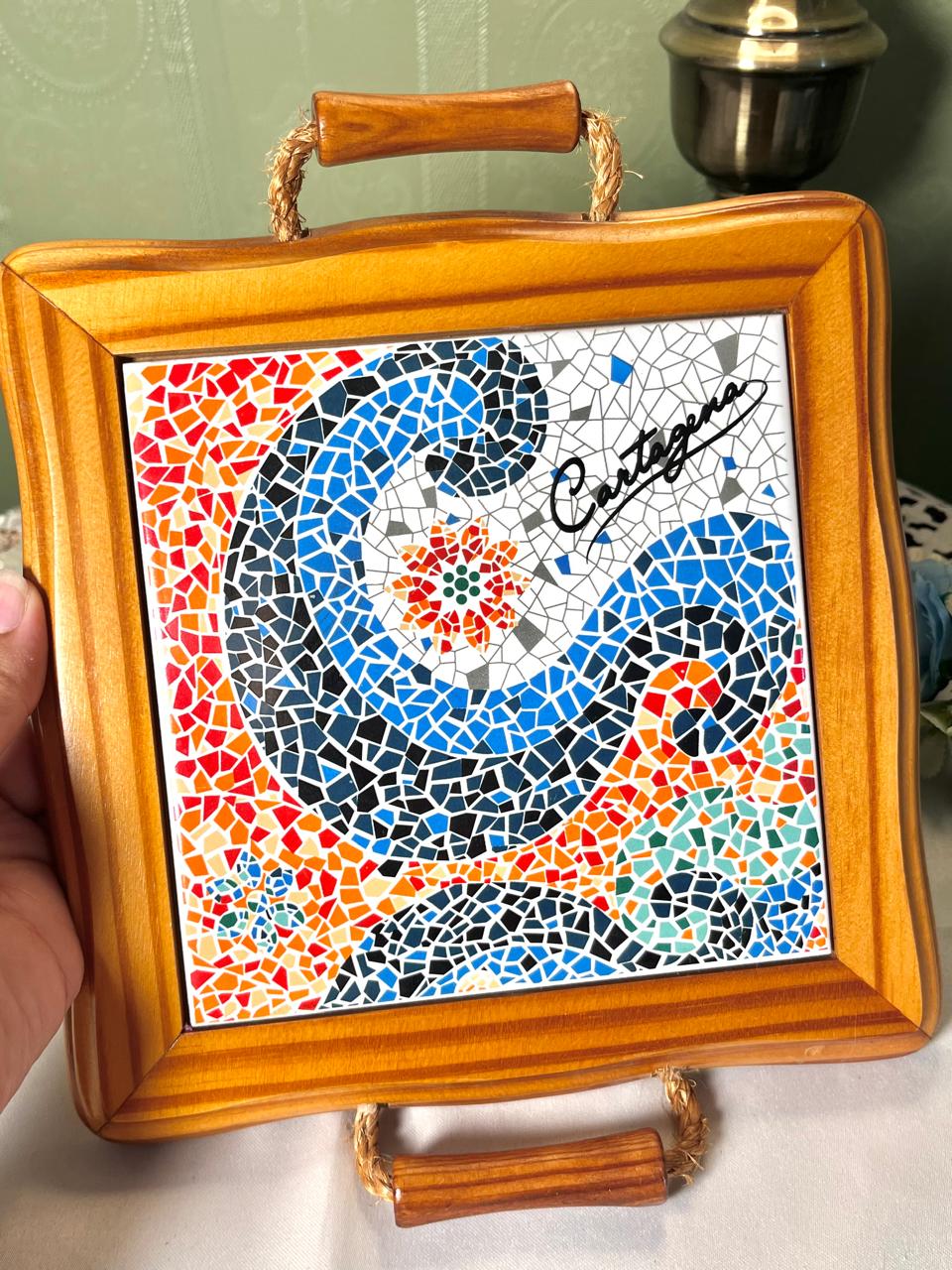 Vintage Barcelona Mosaic Wooden cutting boards Tray 26 cm