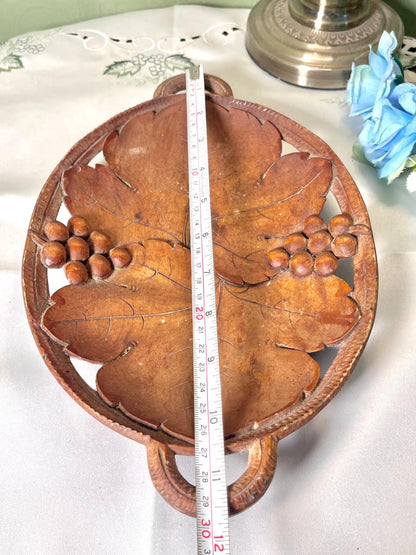Vintage Carved Wooden Grape & Leaf Serving Tray 30 cm