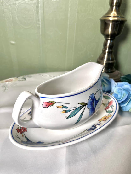 Vintage ALPINE MEADOW Blue Floral Gravy Boat & Underplate 2-Piece Set 19 cm