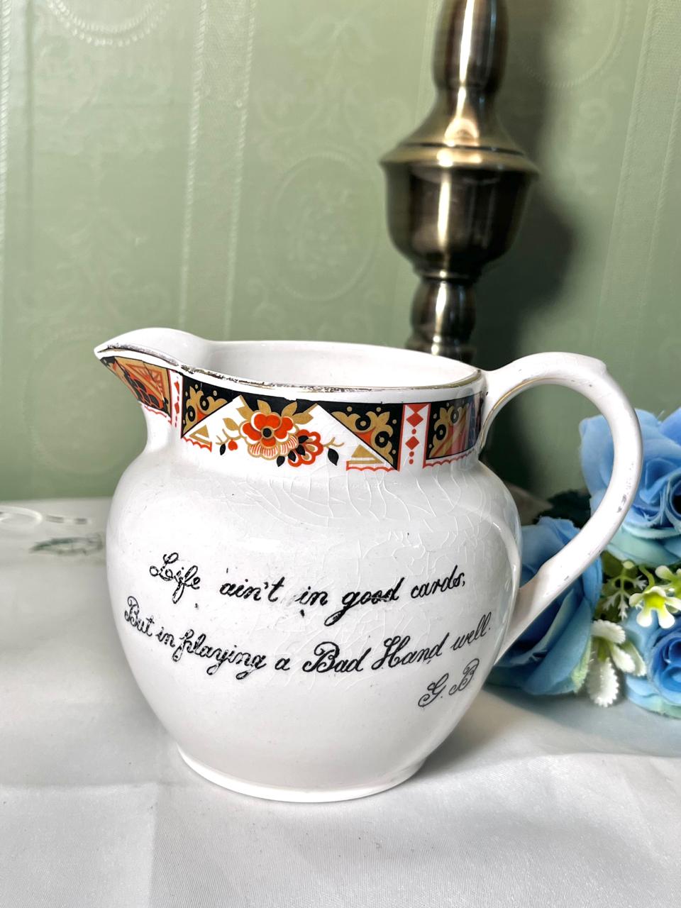 F.C. Redfern Hanley Vintage Ceramic Jug Floral Quote Design