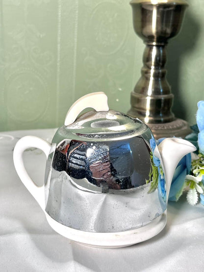 Vintage Silver Lustre Ceramic Teapot White Handle 11cm