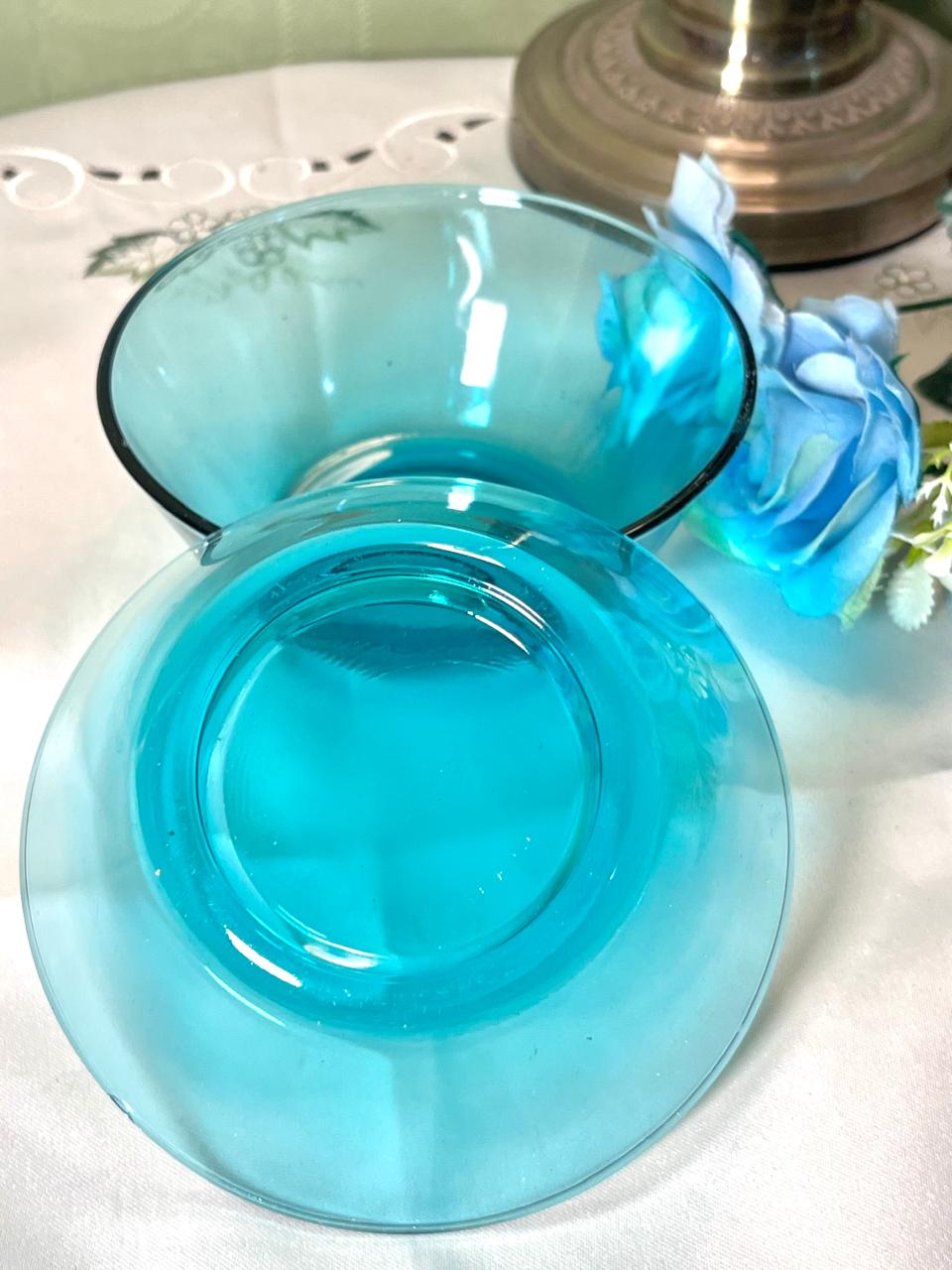 Vintage Turquoise Blue Glass Dessert Bowls Set of 2 12cm