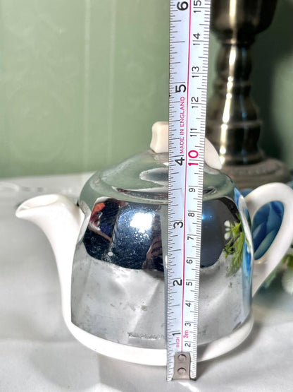 Vintage Silver Lustre Ceramic Teapot White Handle 11cm